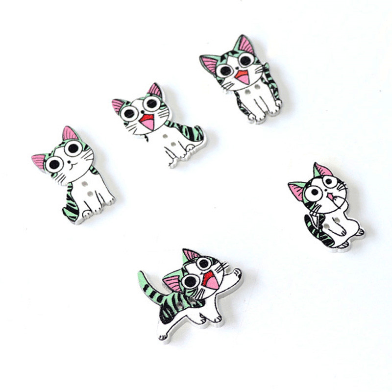 50PCS 21-26MM DIY Animal Wood Buttons Painted Cute Cat Hand-Sewing Decorative Other Crafts Accessori