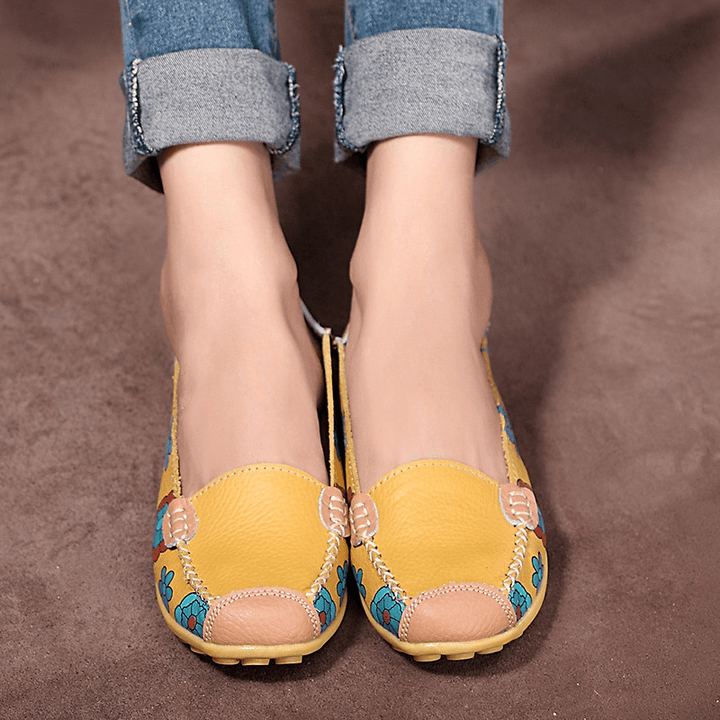 Big Size Women Flower Floral Leather Loafers Moccasins Flats Soft Ballet Shoes round Toe Flats