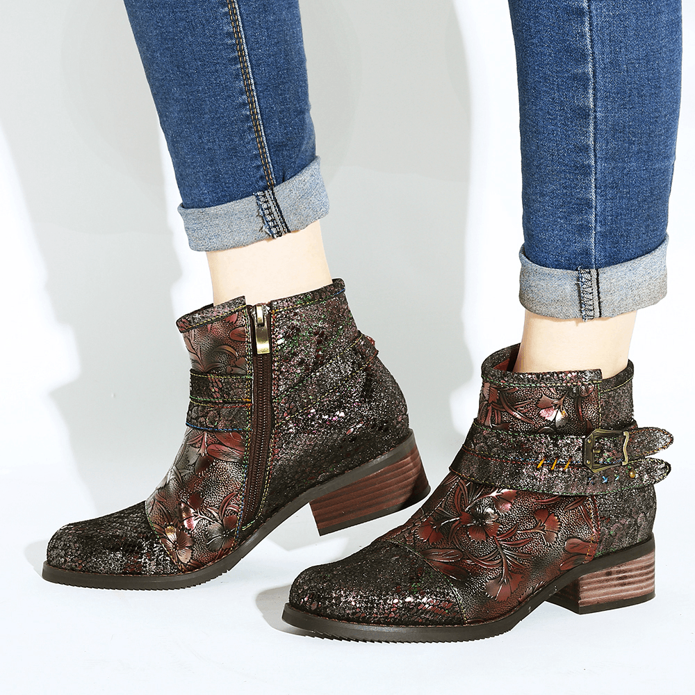 Women Embossed Stitching Metal Zipper Ankle Boots