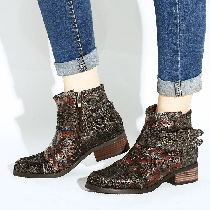 Women Embossed Stitching Metal Zipper Ankle Boots