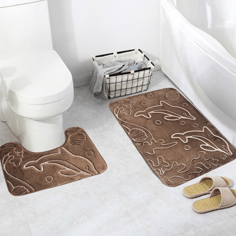 2Pcs 3D Dolphin Flannel Toilet Lid Bath Rugs Soft Floor Home anti Slip Shower Carpets Bathroom Mat Set