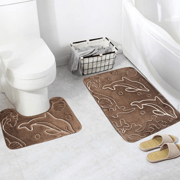 2Pcs 3D Dolphin Flannel Toilet Lid Bath Rugs Soft Floor Home anti Slip Shower Carpets Bathroom Mat Set