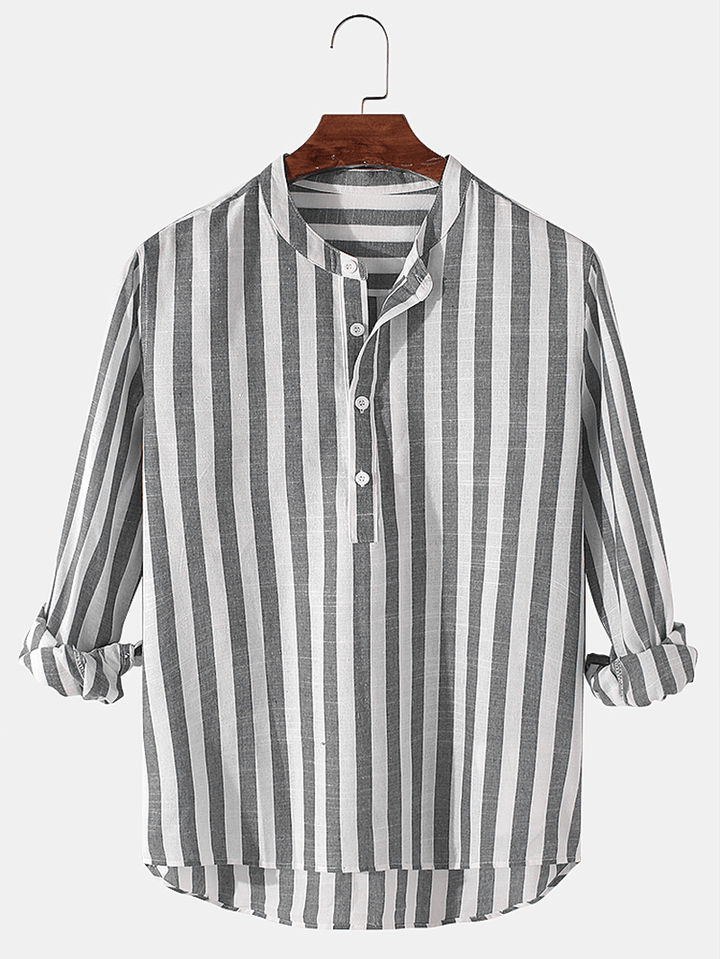 Mens Basic Striped Cotton High Low Hem Stand Collar Casual Long Sleeve Henley Shirts