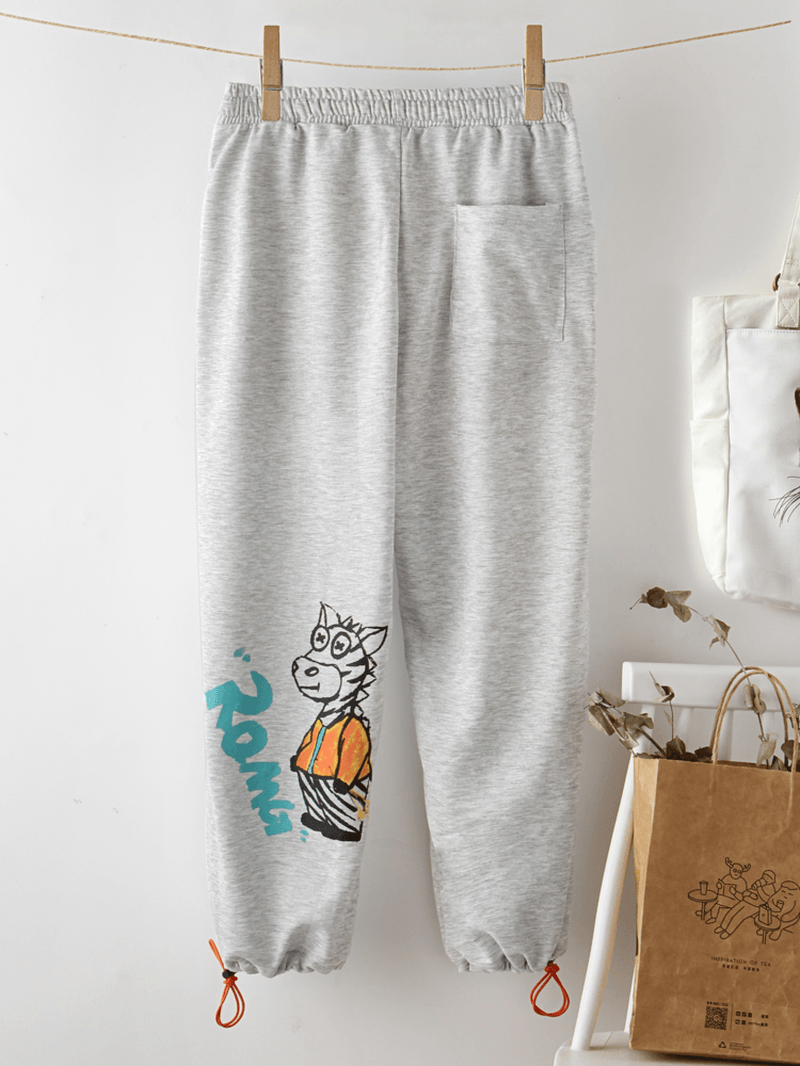 Cartoon Animal Print Drawstring Pocket Elastic Waist Casual Pants for Women