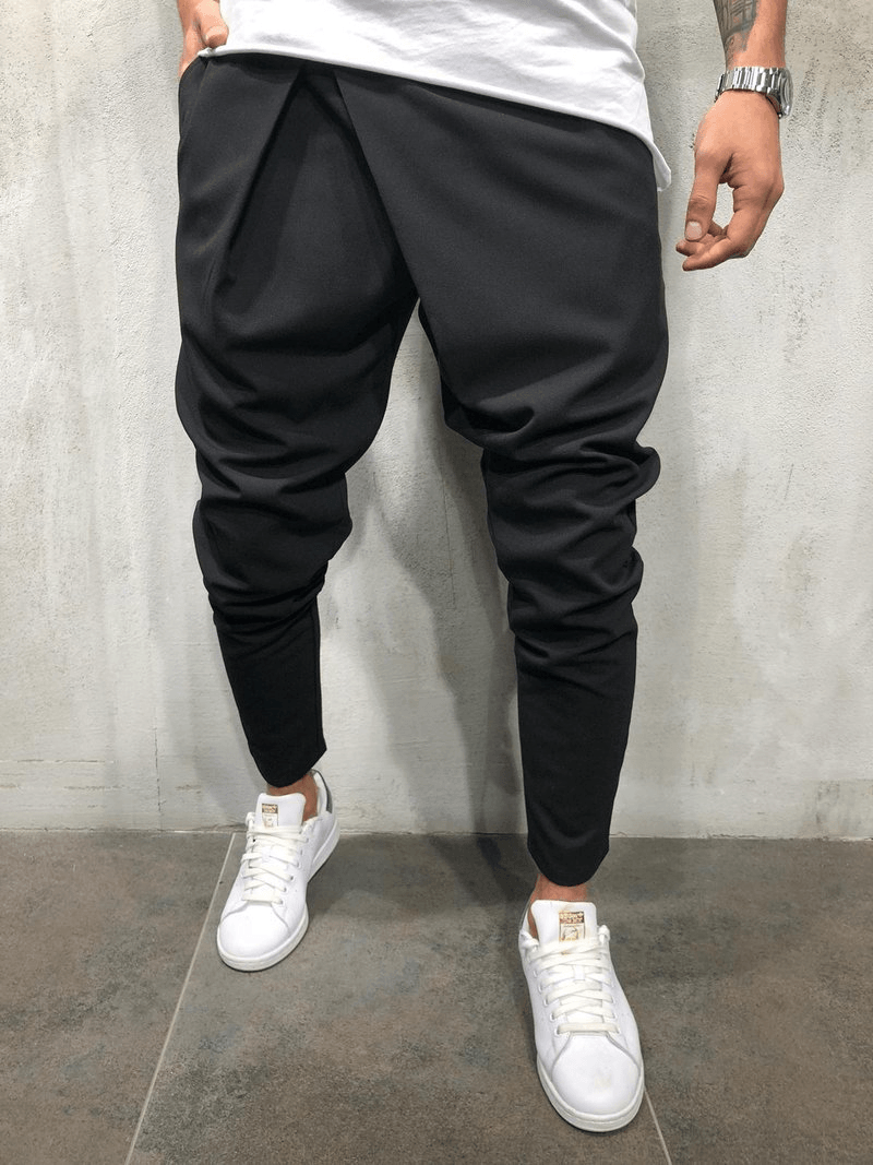 Men's Casual Pants with Drawstring Waist and Asymmetrical Hem