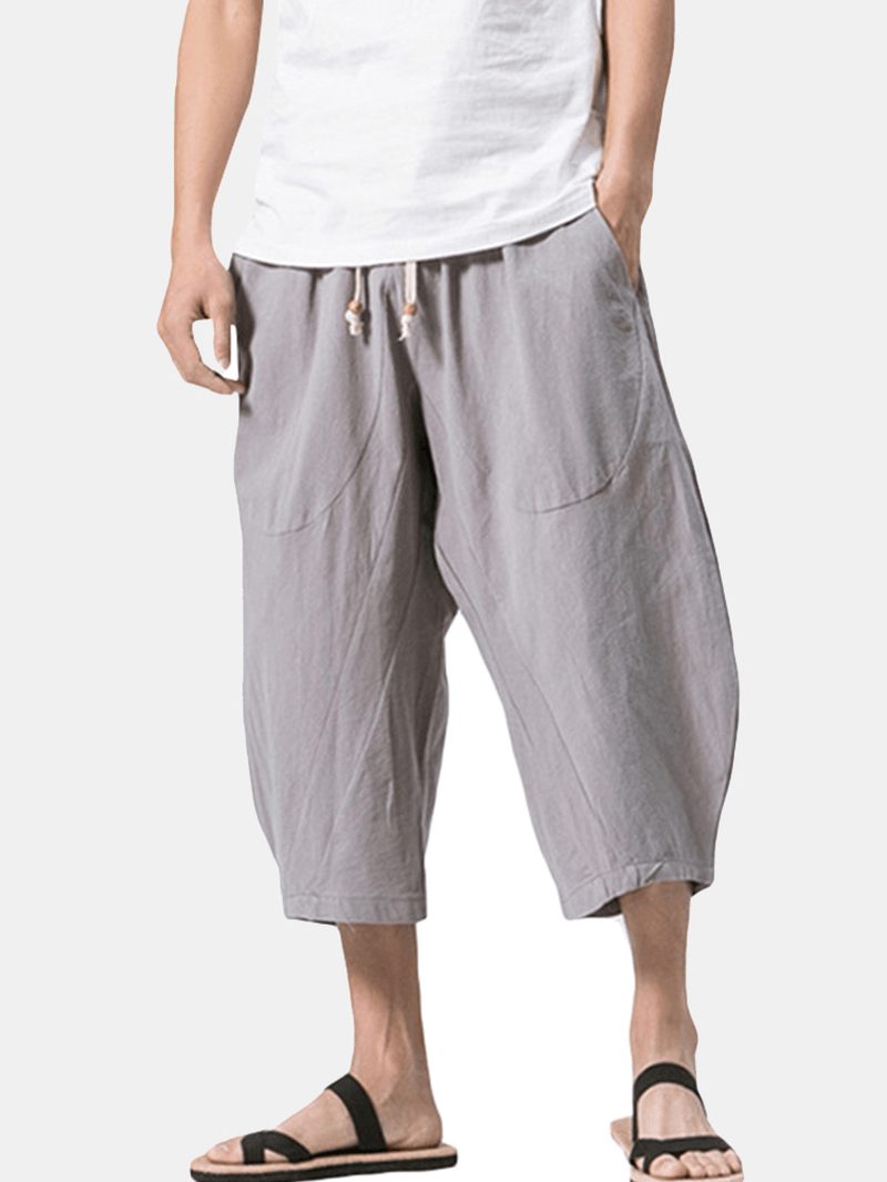 Stylish Mens Cotton Linen Baggy Loose Calf Length Pants Antibacterial Casual Shorts