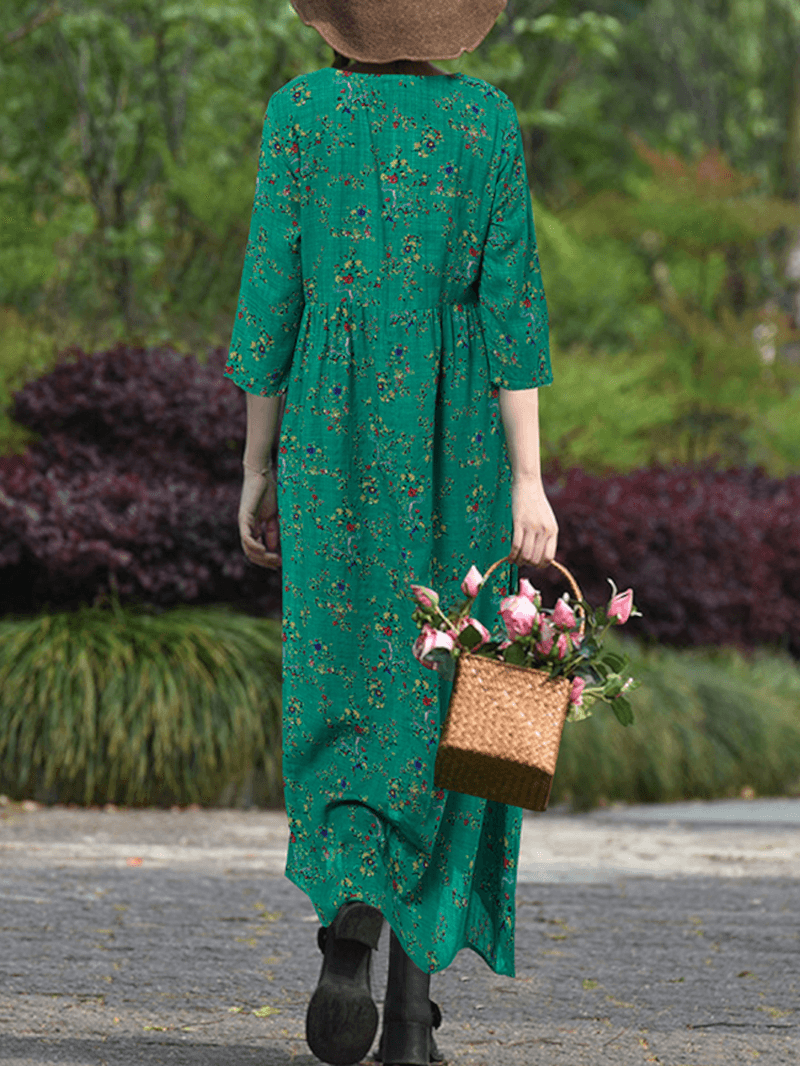 Women Vintage Flowers Print O-Neck 3/4 Sleeve Casual Holiday Maxi Dress