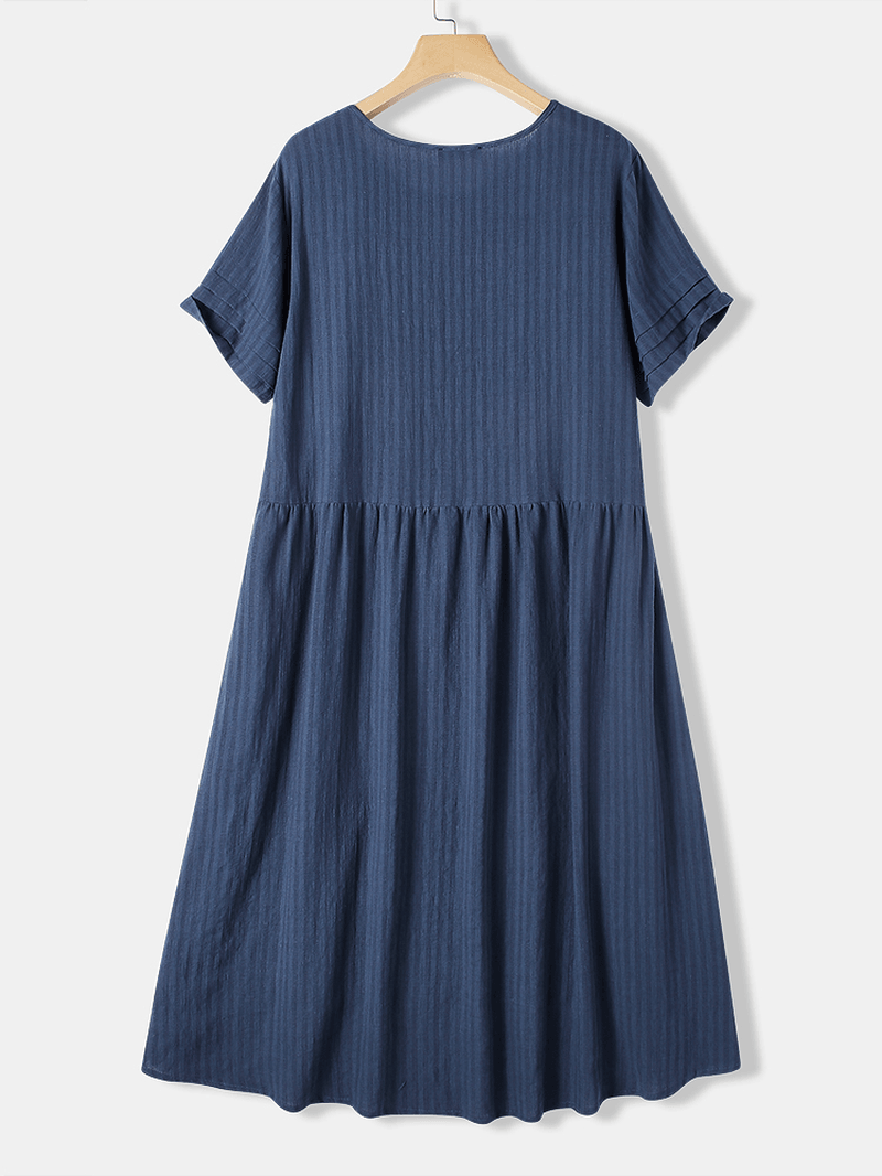 Casual Striped Irregular O-Neck Short Sleeve Pleated Dress