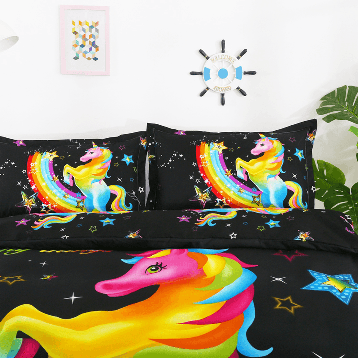 3 PCS Bedding Sets 3D Animal Unicorn Printing Quilt Cover Pillowcase for Queen Size