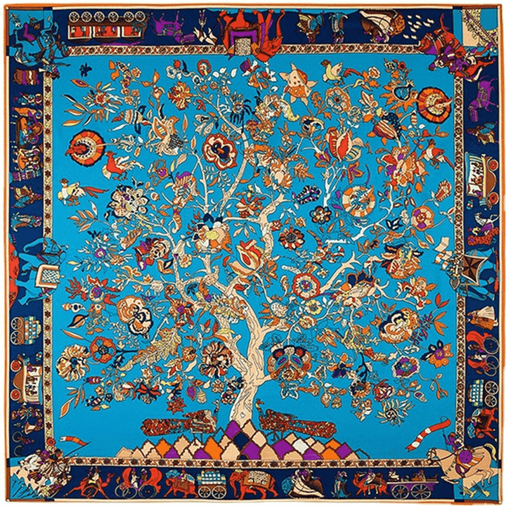 130Cm Fortune Tree Tree of Life Ethnic Flower Pattern Ladies Twill Scarf Travel Scarf