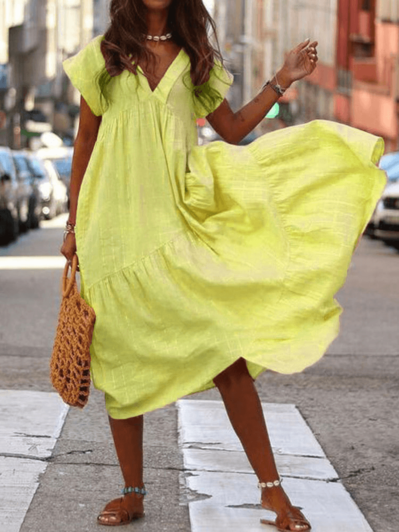 Women Casual Cotton Solid Color V-Neck Irregular Hem Dress