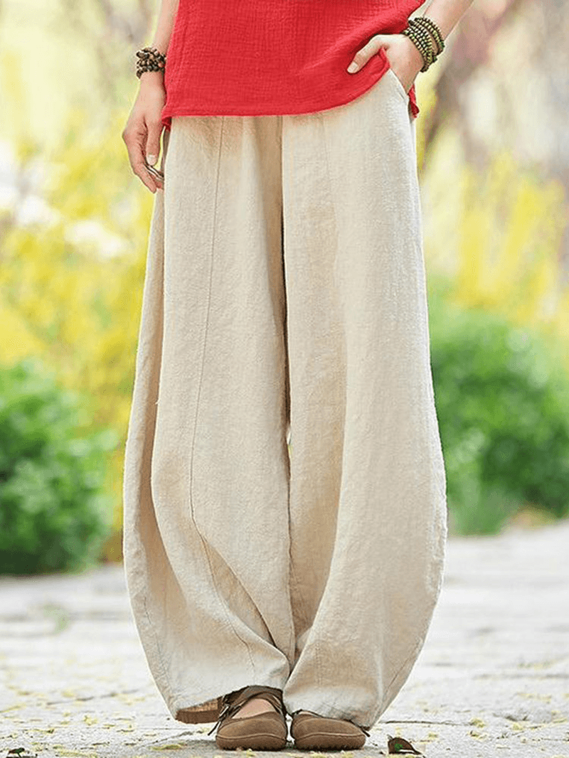 Cotton Linen Solid Color Elastic Waist Loose Casual Pants with Pocket - MRSLM