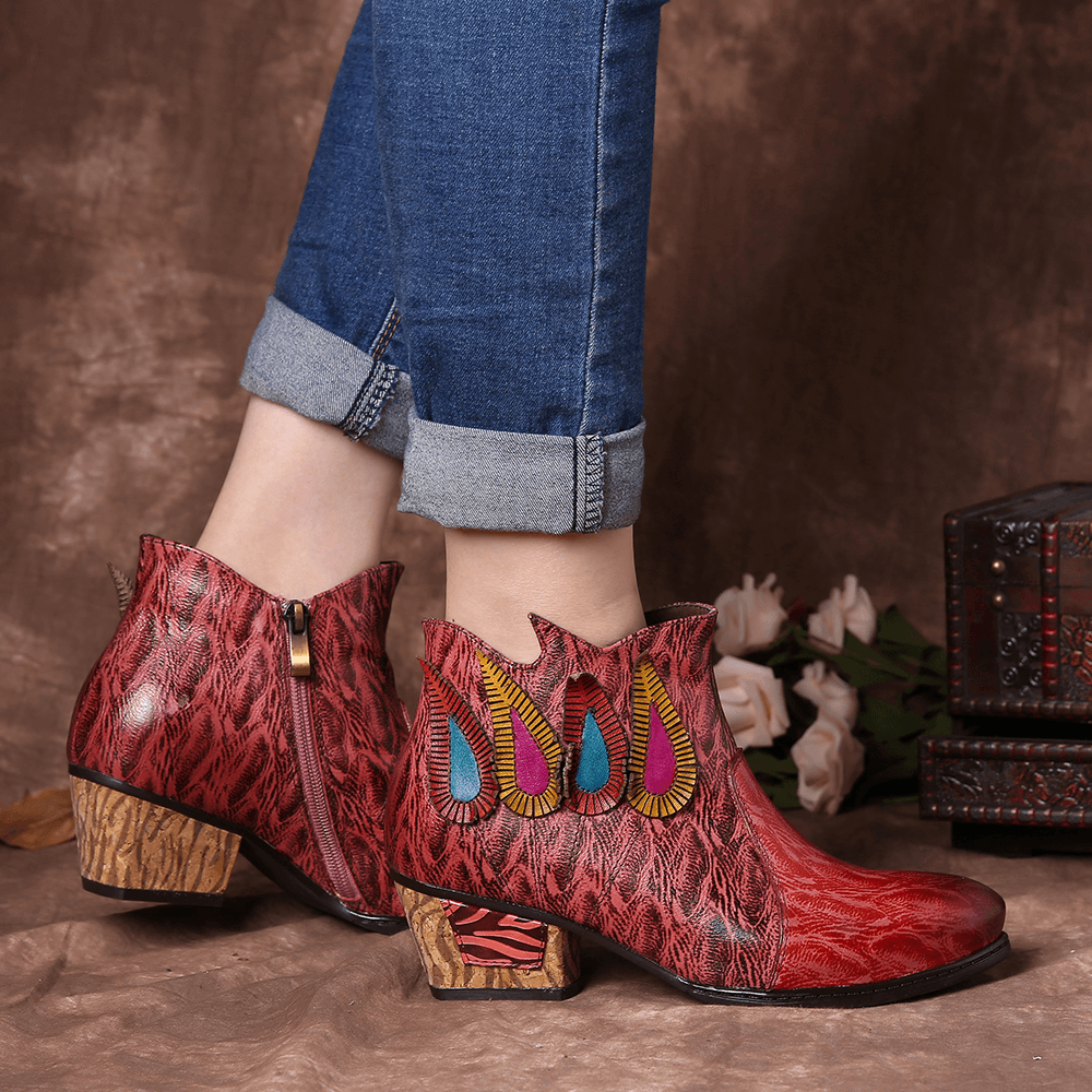 Women Retro Multicolored Drop Shaped Pattern Ankle Boots