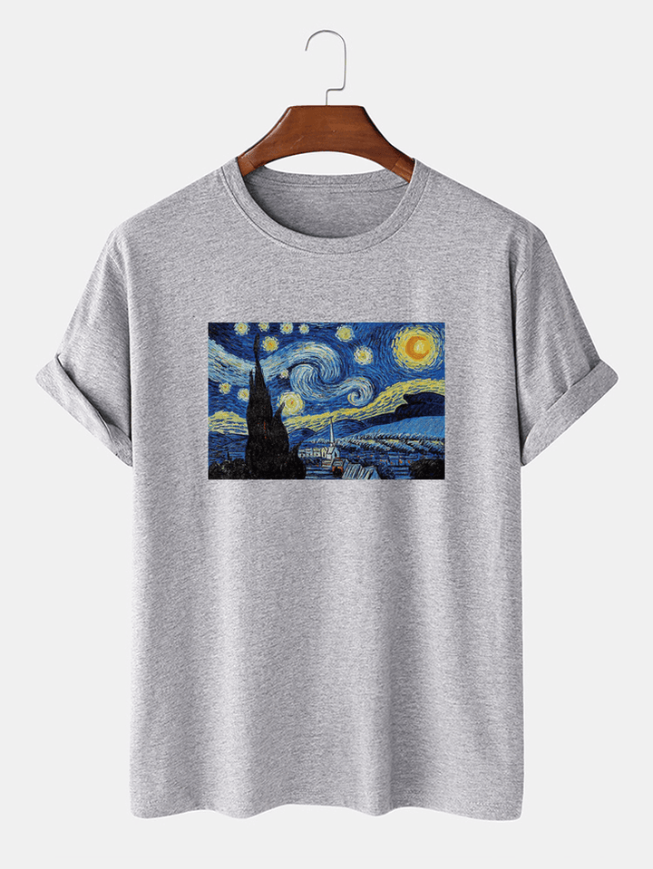 Mens Van Gogh Starry Sky Oil Painting 100% Cotton Short Sleeve Designer T-Shirts