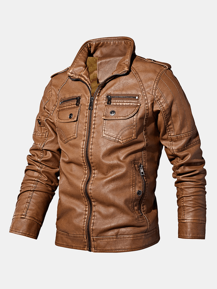 Mens Washed Vintage Multi-Pocket Zipper Lapel Winter Thicken PU Leather Jacket