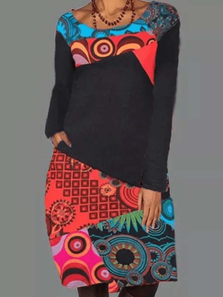 Women Ethnic Pattern Patchwork Casual Print round Neck Long Sleeve Dress