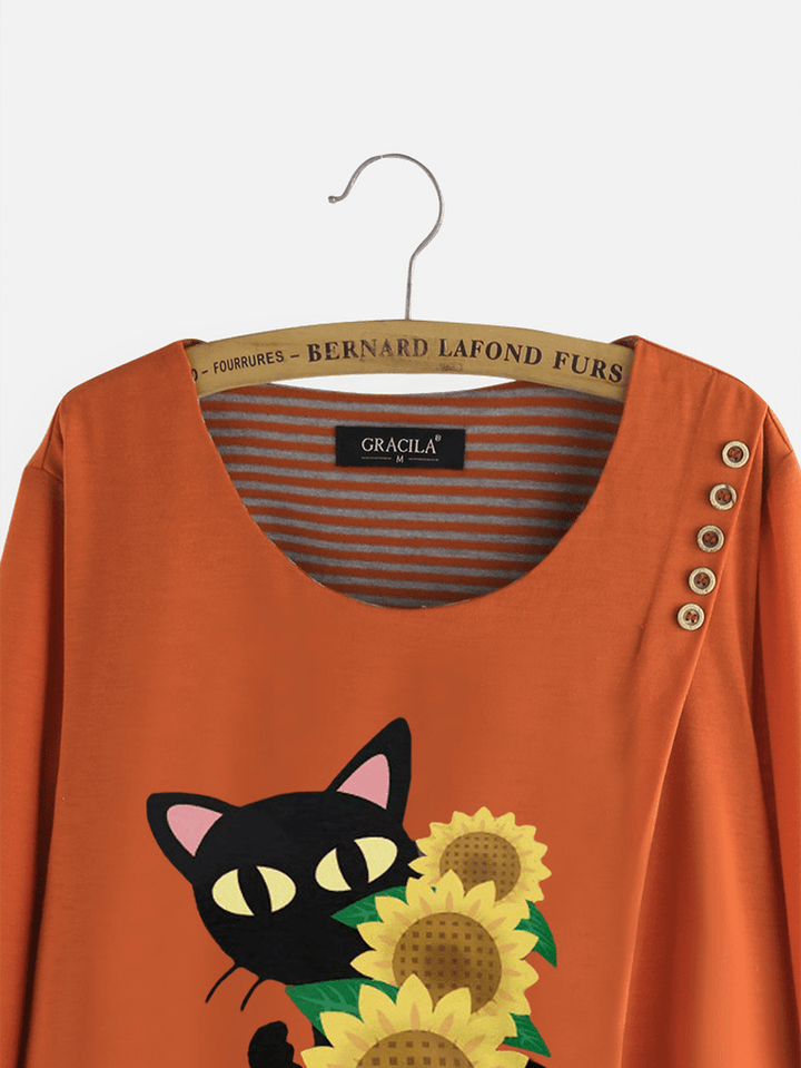 Casual Print Cats Flower Patch Striped Blouse