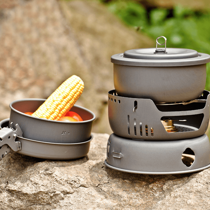 ALOCS CW-C05 10Pcs/Set 2-4 Person Outdoor Cookware Camping Alcohol Cooking Stove Cook Set for Camping Hiking Picnic Stove with Gripper Pot