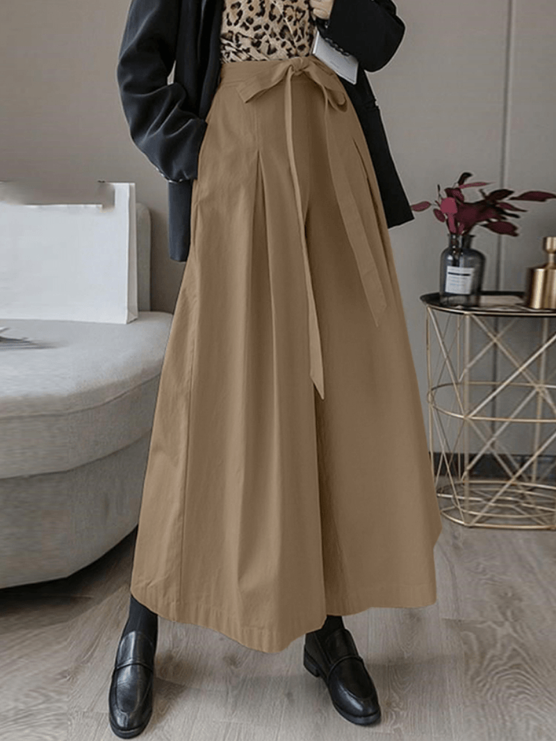 Women Solid Color Tie Front Casual Wide Leg Pants with Pocket