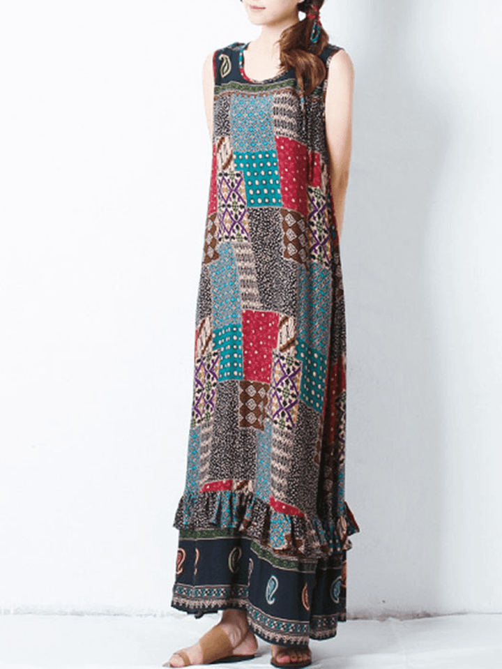 Bohemian Women Sleeveless O-Neck Printed Maxi Tank Dress