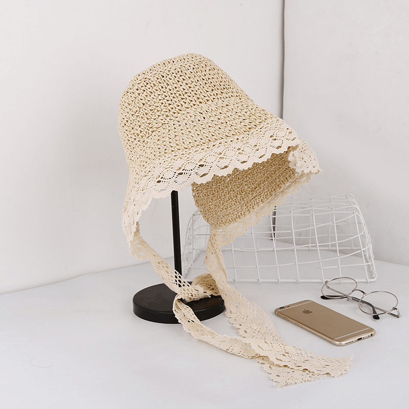 Women Lace Brim Foldable Sunscreen Bucket Straw Hat