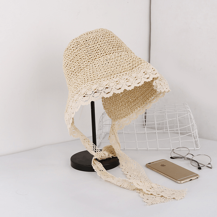 Women Lace Brim Foldable Sunscreen Bucket Straw Hat