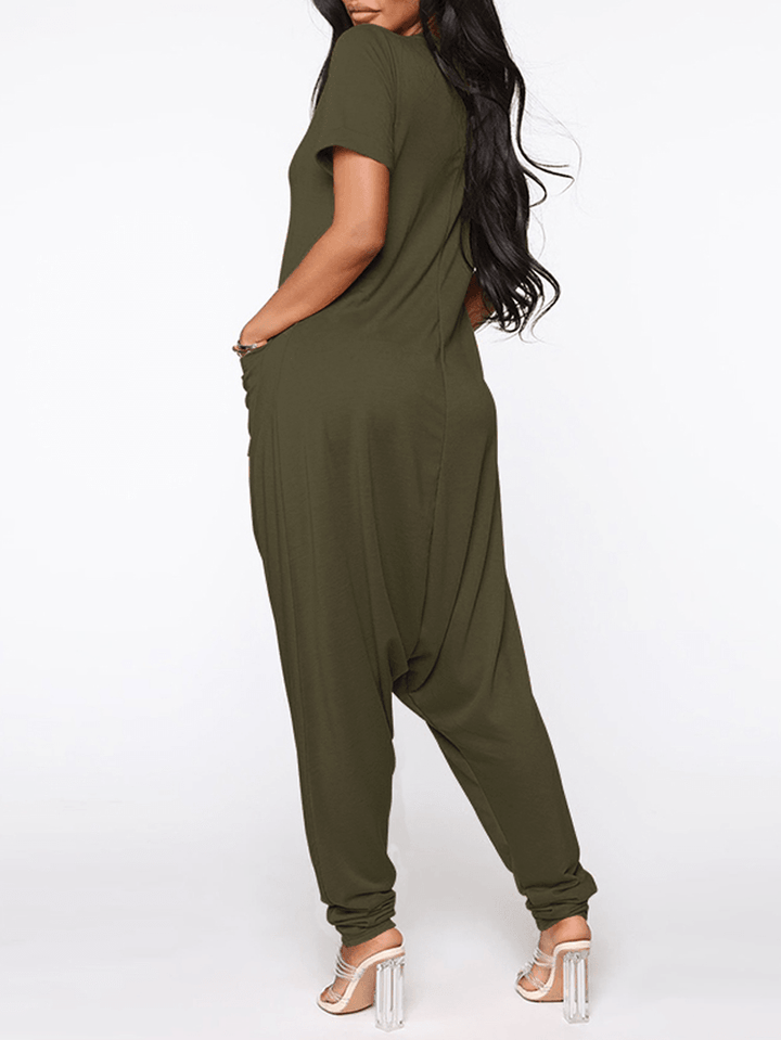 Women Short Sleeve V-Neck Loose Pocket Harem Jumpsuits