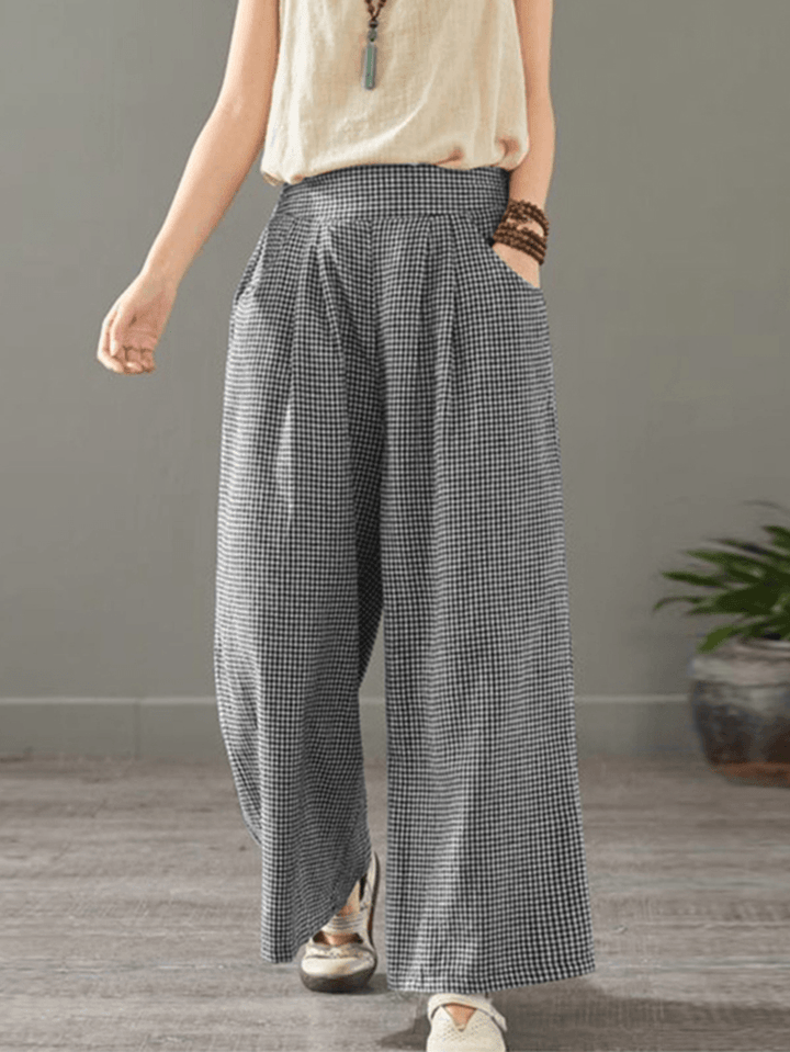 Women Plaid Print Elastic Waist Vintage Casual Loose Wide Leg Pants with Pockets