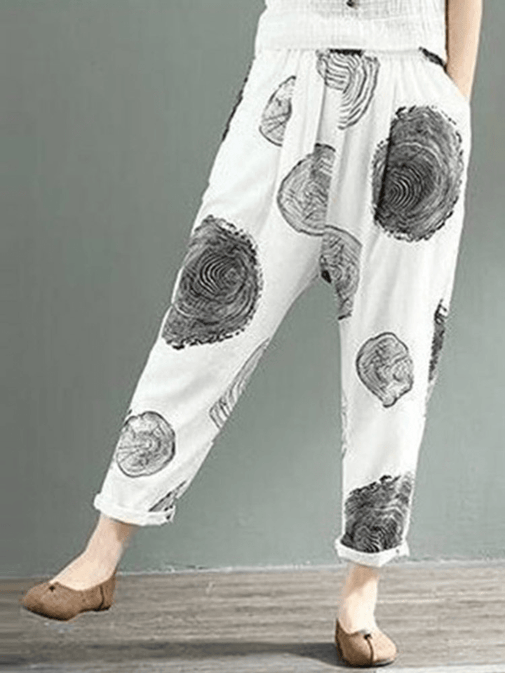 Women Cotton Wave Point Elastic Waist Side Pockets Trouser Pants