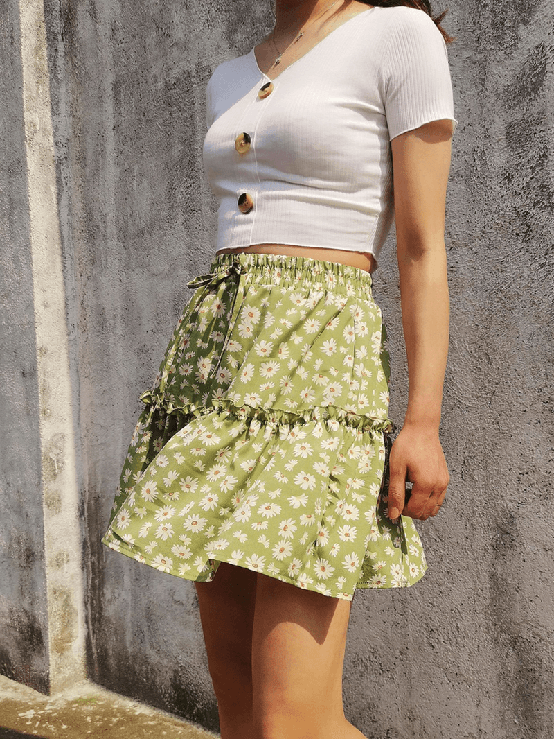 Small Daisies Print High Waist Ruffle Pleated Holiday A-Line Skirts