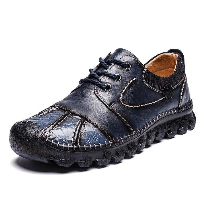 Men Genuine Leather Toe-Protected Breathable Soft Lightweight Lace-Up Tooling Shoes Hand Stitching Shoes