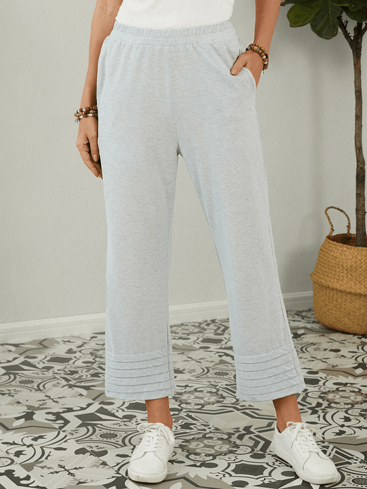 Solid Color Elastic Waist Pocket Casual Wide Leg Pants for Women