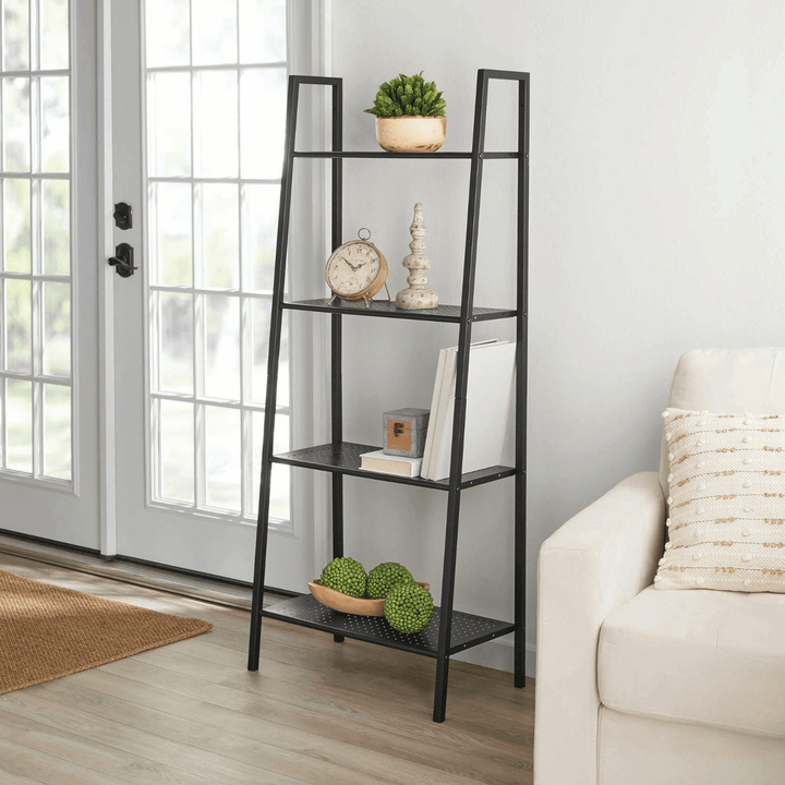 4 Tiers Wall Leaning Ladder Shelf Bookcase Bookshelf Storage Rack Shelves Storage Stand Unit Organizer for Office Home Bedroom Living Room