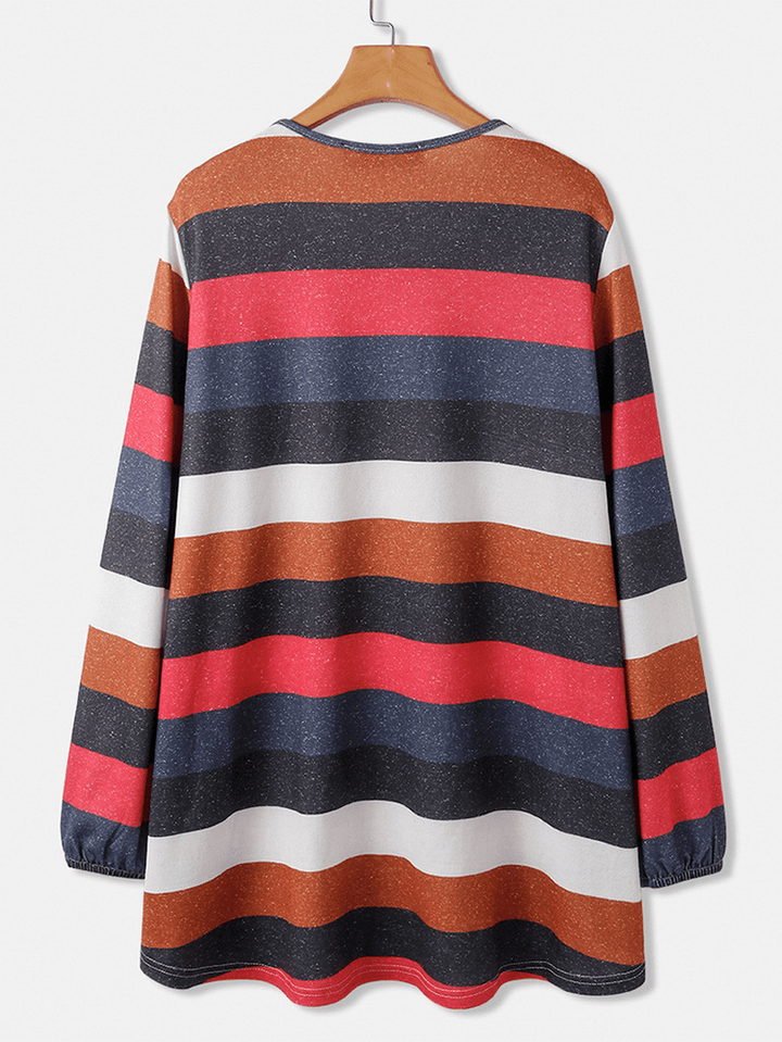 Women Colorful Horizontal Stripe round Neck Casual Long Sleeve Blouses