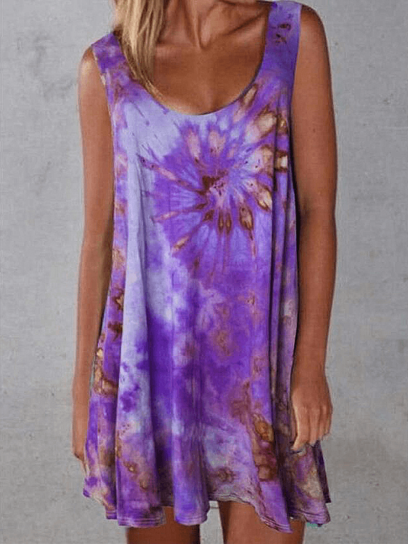 Women Tie-Dye Print Crew Neck Summer Sleeveless Loose Dress