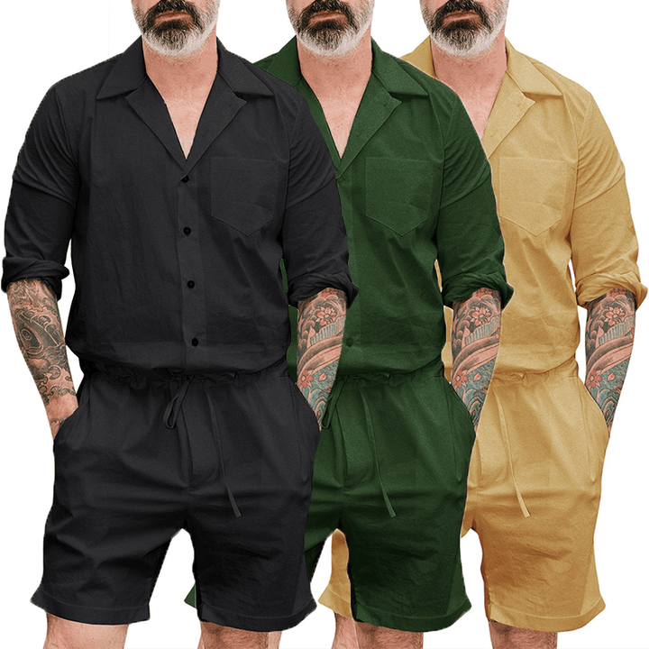 INCERUN Men Solid Color Drawstring Short Jumpsuit