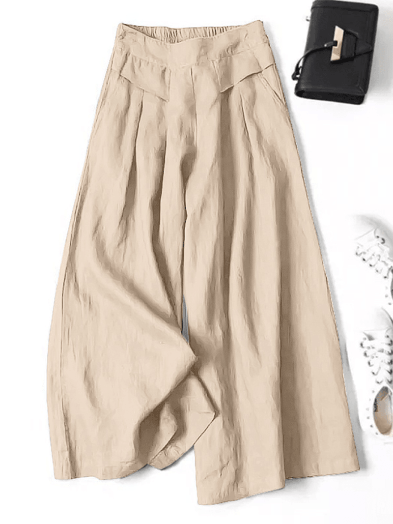 Women 100% Cotton Wide Leg Side Pockets Solid Color Ankle Length Elastic Waist Pants