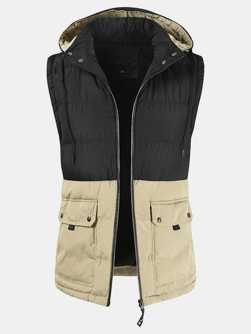 Mens Patchwork Cotton Zipper Casual Thick Warm Detachable Hooded Vest