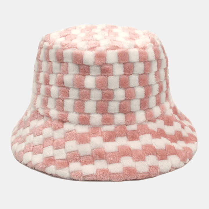 Unisex Lattice Jacquard Plush Warmth Bucket Hat Outdoor Casual Thicken Cool Protection Faux Rabbit Fur Hat - MRSLM