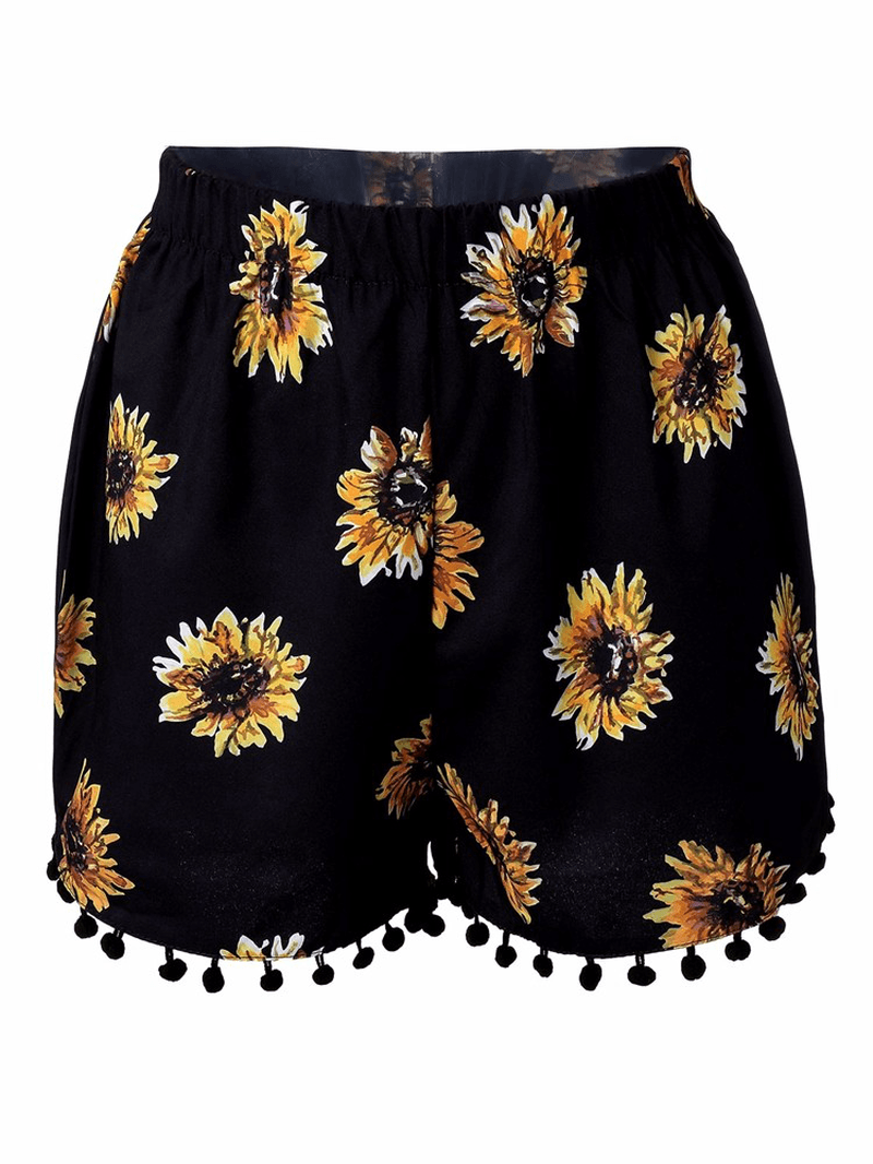 Women Elastic High Waist Sunflower Printed Shorts Casual Beach Shorts