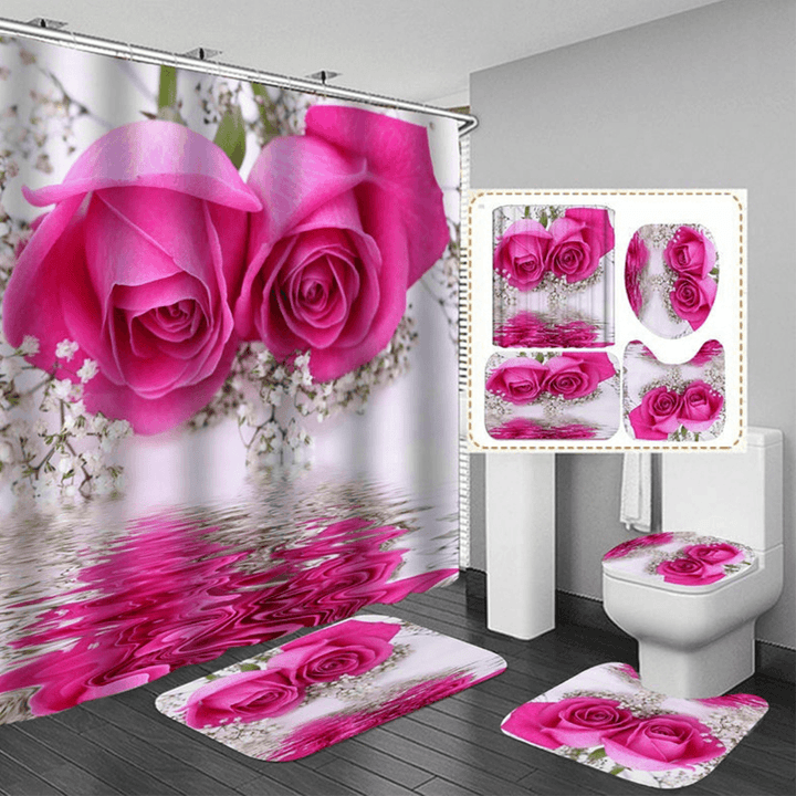 Pink Rose Waterproof Bathroom Shower Curtain Toilet Cover Bath Mat Pedestal Rug