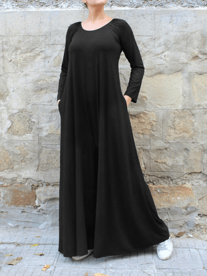 Women Solid Color round Neck Long Sleeve Wide Leg Jumpsuit with Side Pocket