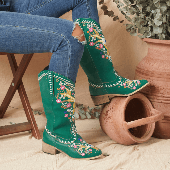 Women Leather Retro Floral Printing Wearable Comfy Slip on Chunky Heel Mid-Calf Cowboy Boots