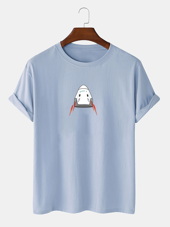 Mens 100% Cotton Spaceship Printed round Neck Casual Short Sleeve T-Shirts