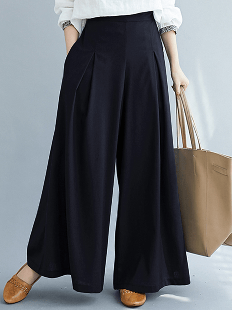 Women's Loose Fit Wide Leg Pants - Solid Color with Pleats, Pockets and Elastic Waist - MRSLM