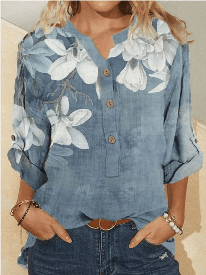 Women Cotton Floral Embroidery Casual Stand Collar Shirt - MRSLM