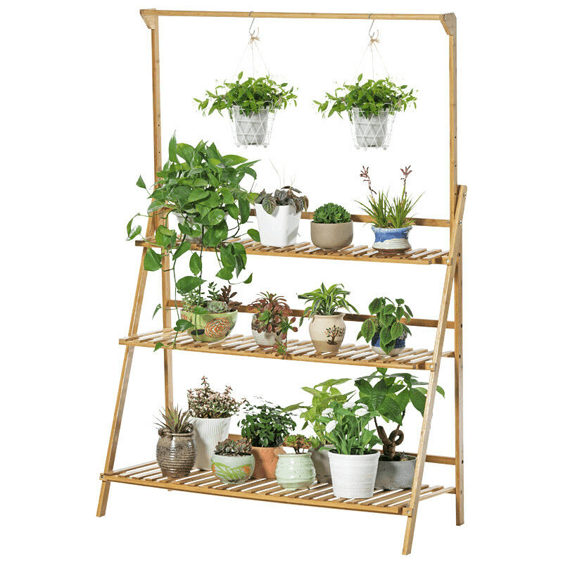 Bamboo Hanging Plant Stand Shelves Flower Pot Storage Organizer Rack