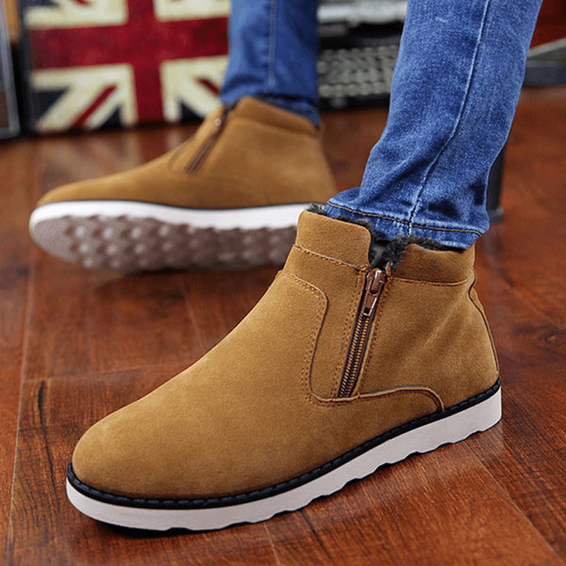 Men Comfortable Side Zipper Warm Fur Lining Suede Ankle Boots