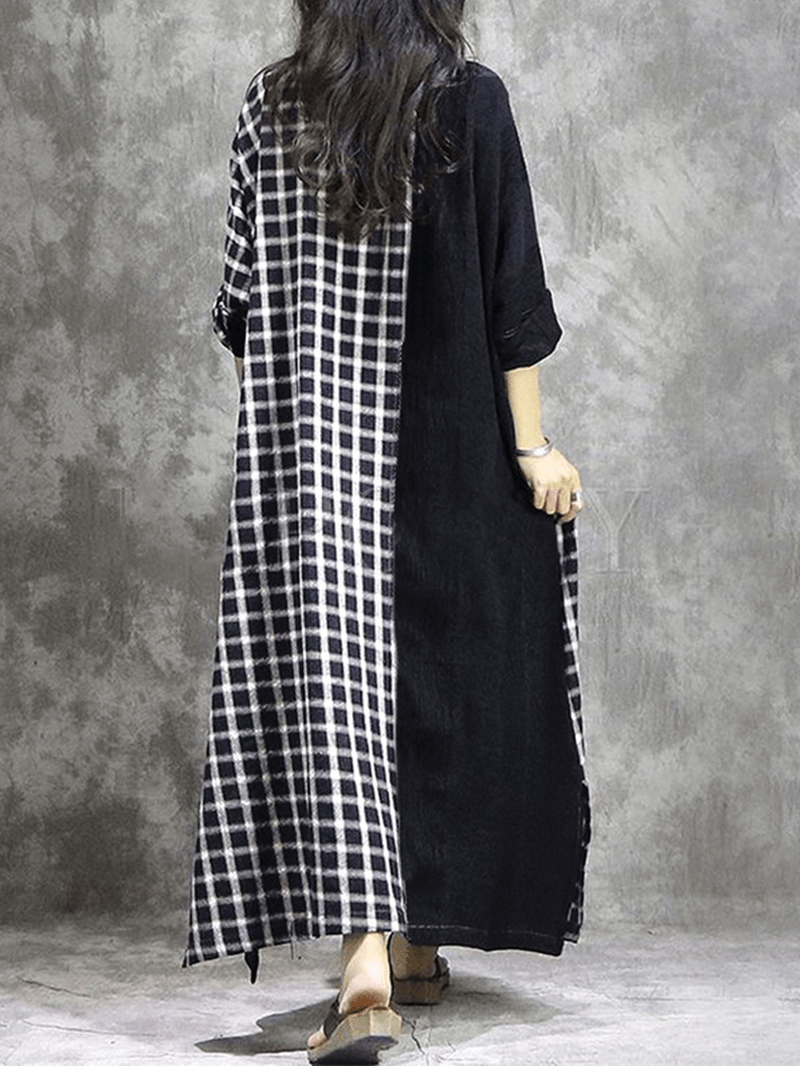 Plaid Patchwork round Neck Long Sleeve Casual Maxi Dress