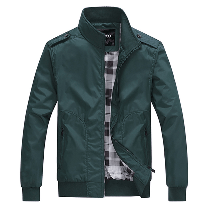 Mens Casual Autumn Stand Collar Jacket Solid Color Nylon Zipper Pocket Coat